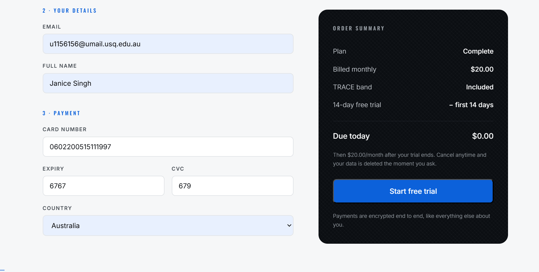 TRACE checkout screen